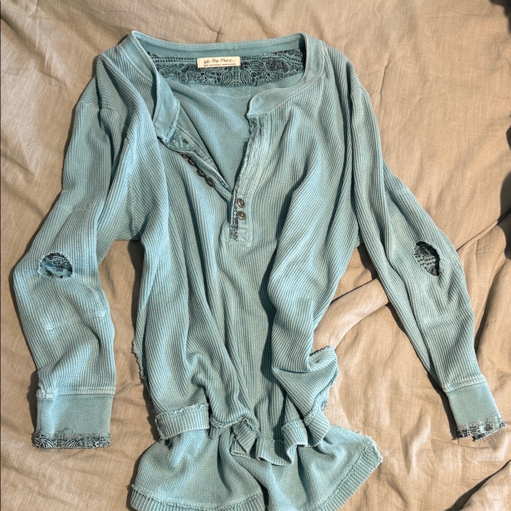 Free People Distressed Teal Button-Down Shirt